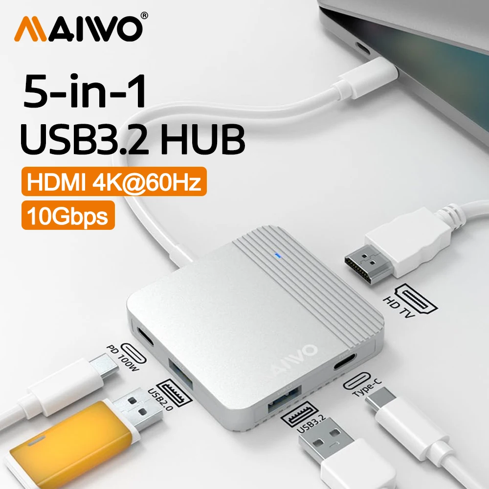 

MAIWO USB C hub 5 in 1 USB Hub for Laptop with 4K HD 10Gbps 1×USB 3.2 USB-C 3.2 Power Delivery 100W for Laptop Multiport Adapter