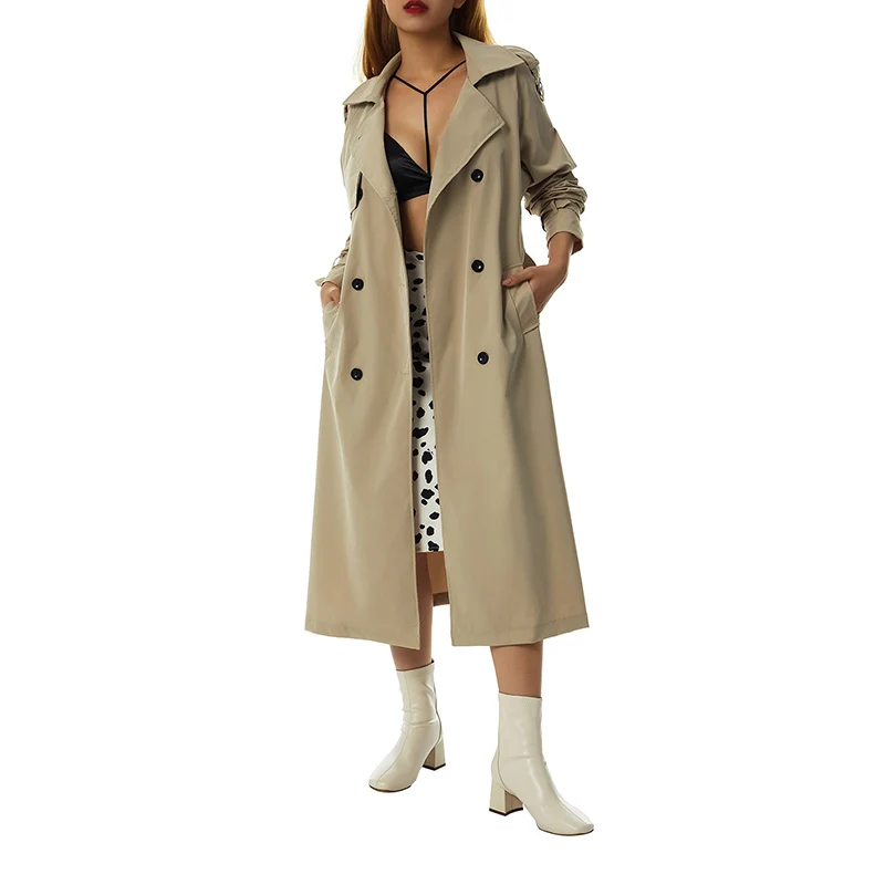 Dames Casual Mode Lange Trenchcoat Klassieke Dubbele Rij Knopen Revers Lange Mouw Winddichte Overjas Met Riem Streetwear