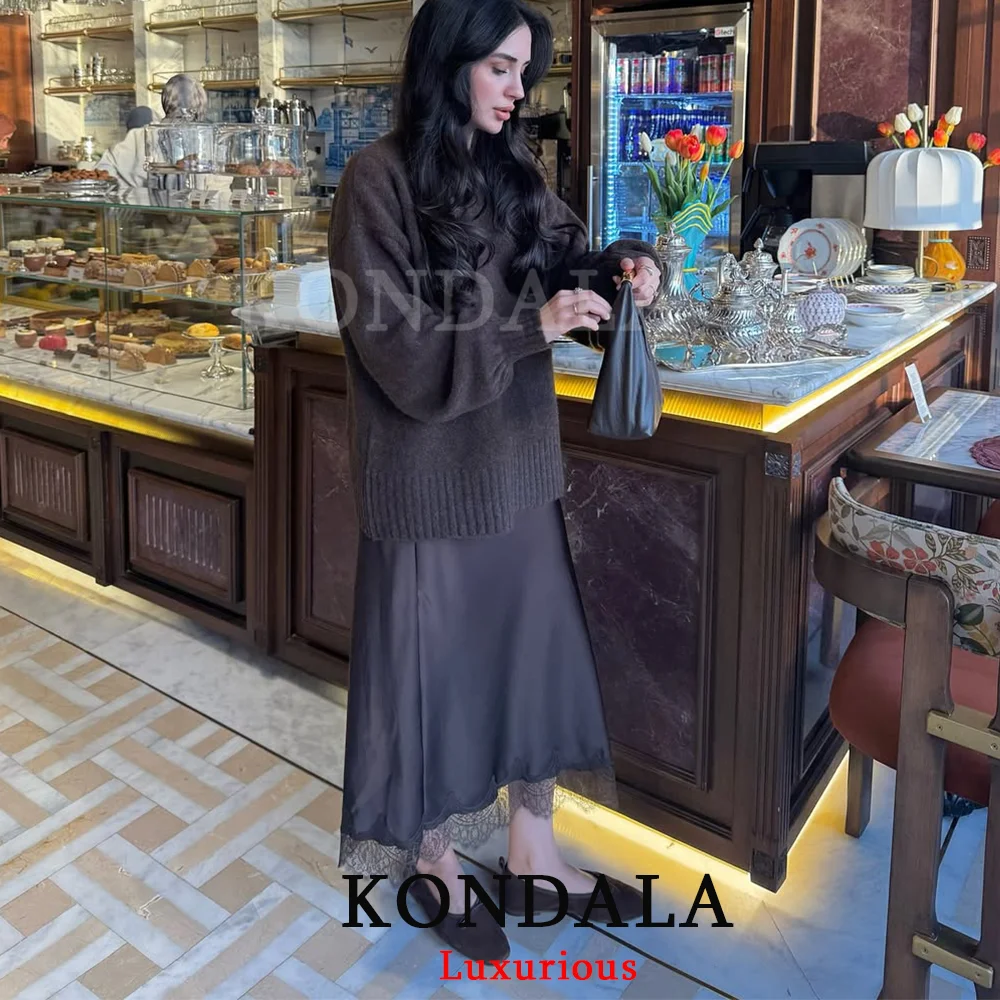 KONDALA Elegant Chic Brown Satin Skirt Elastic Waist Lace Patchwork Long Skirt Fashion 2026 Spring Causal Office Lady Skirts