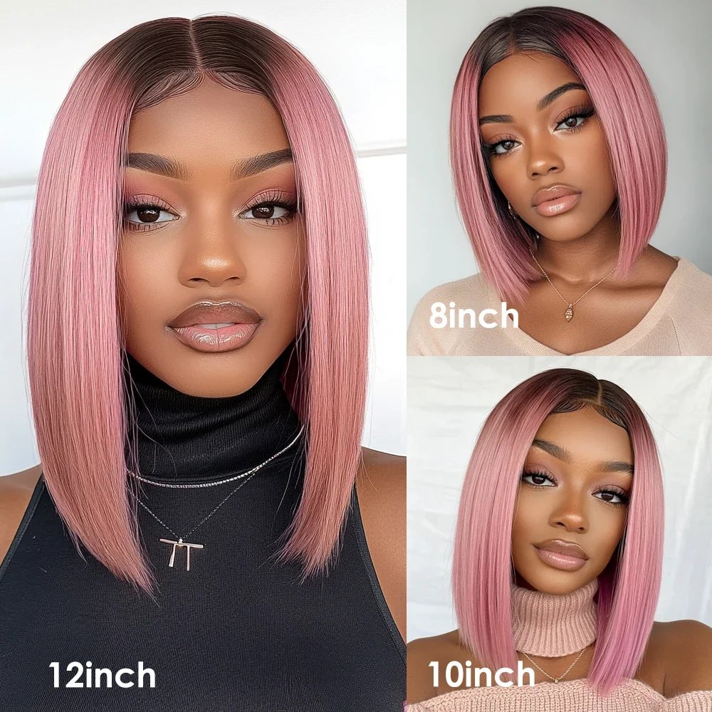 Slanke Ombre Roze Transparante Korte T Kant Bob Menselijk Haar Pruiken Peruaanse Rechte 13x6x2 Kant voor Pruik Voor Vrouwen Pre Geplukt