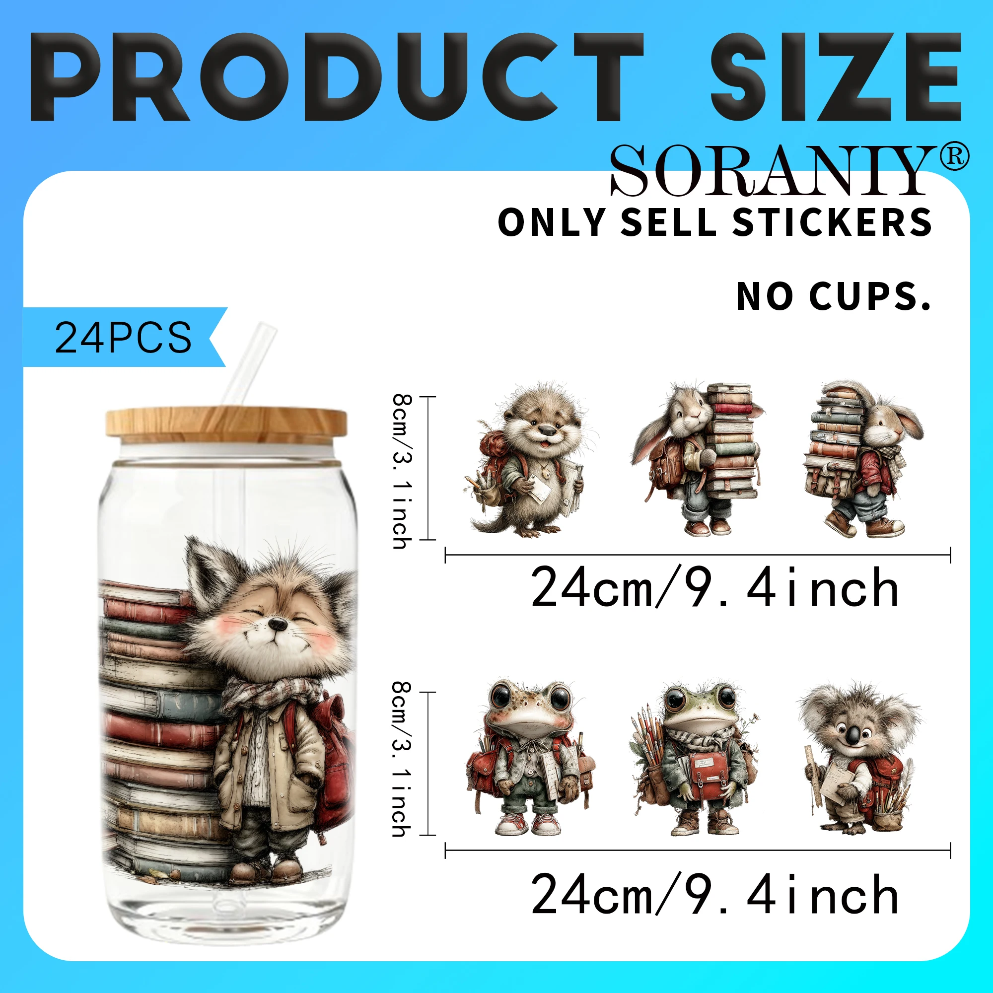 24PCS/Set Watercolor Back To School Animals  Themed UV DTF 16OZ DIY Transfer Paper Set Golden Text Used For 16oz Water Bottles G