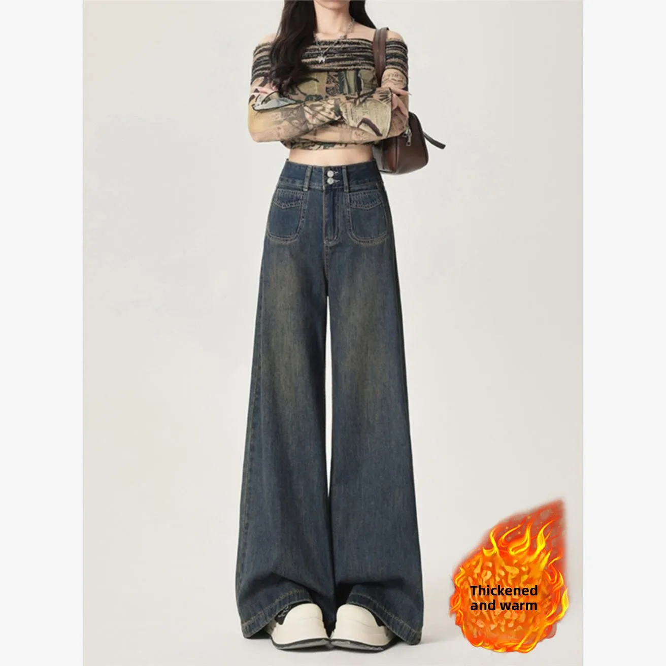 

Thickened Fleece Wide Leg Retro Grey Denim Jeans High Waist Women's Bootcut Slimming Winter Long Pants Cotton Stretch Fabric