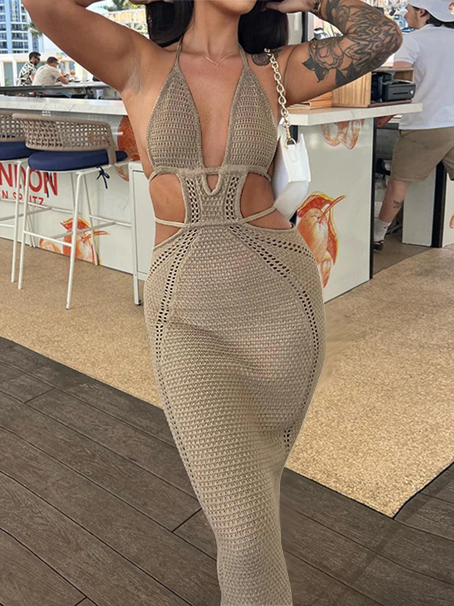 

Summer Sleeveless Backless Hollow Out Knit Beach Dress Women Halter Bodycon Long Dress
