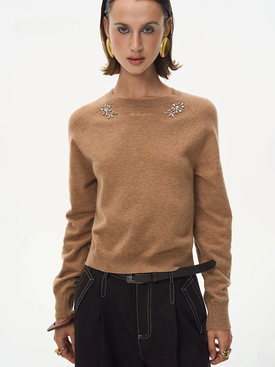 

AWOKENTIME 2025 Осенне-зимний вязаный топ из мериносовой шерсти с бриллиантовой отделкой, круглый вырез, свободный крой, французский стиль, длинный рукав