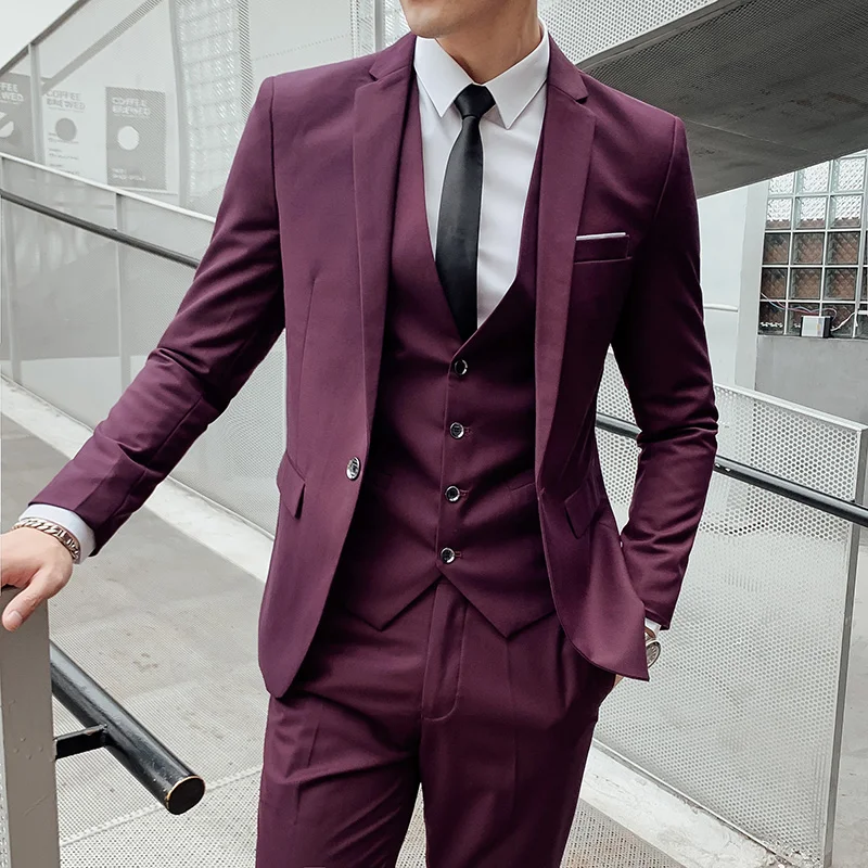 Business Suit (Blazer+ Vest + Pants) Men\'s Gentleman Fashion Slim Work Solid Color Plus Size Fair Dress Wedding Best Man Suit