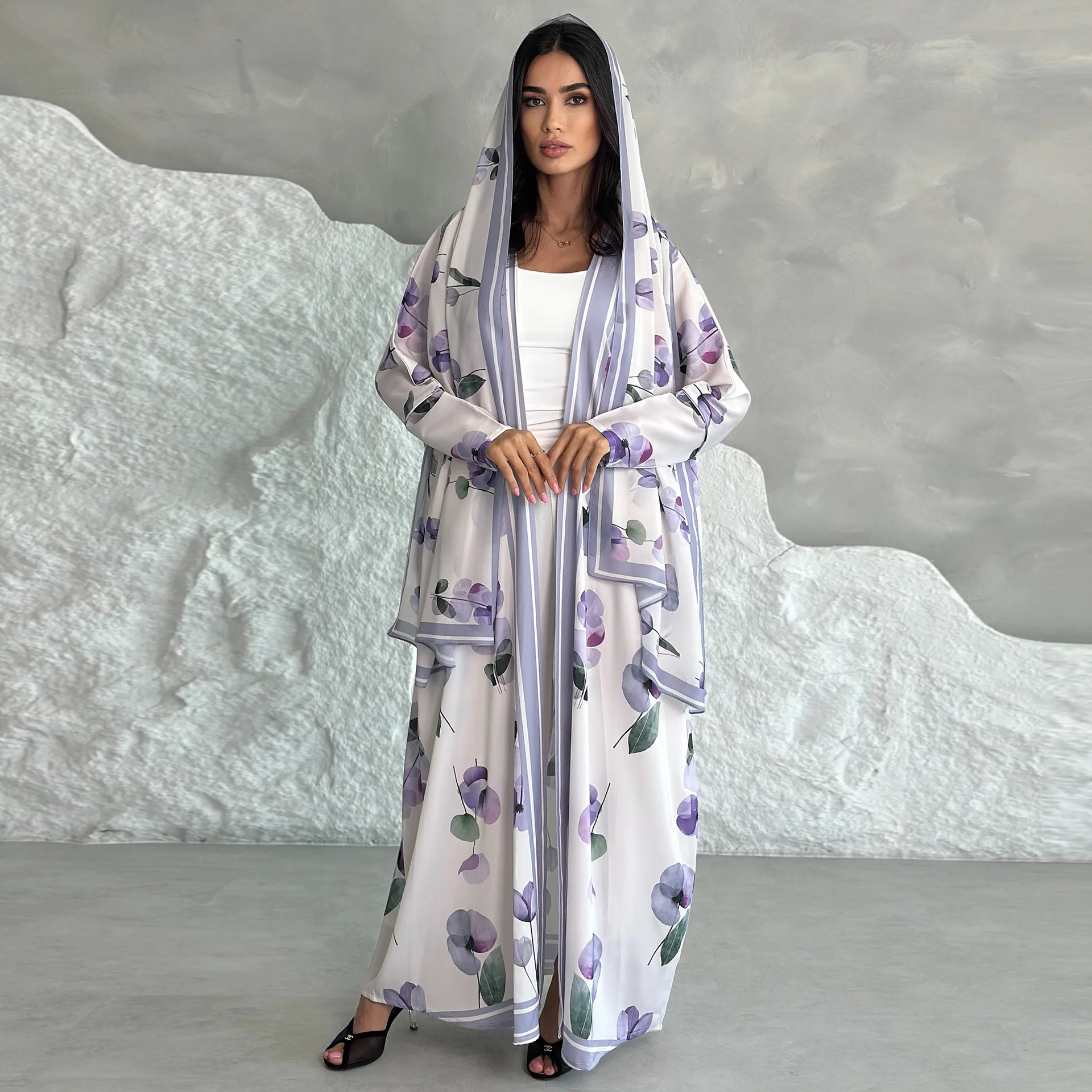 Plus Size Tops for Muslim Women Fashion Arab Printing Cardigan Headscarf 2 Piece Set Outwear Ramadan Morocco Dubai Kaftan Dress