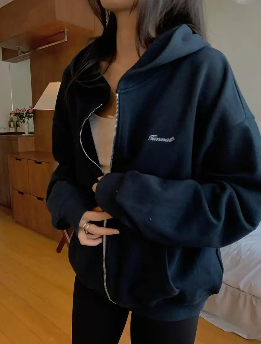 

East Gate Tannat Retro Casual College Sle Hoodie Jaet Women's Embroidered Letter Sweatirt Outerwear Straight Cut Zipper