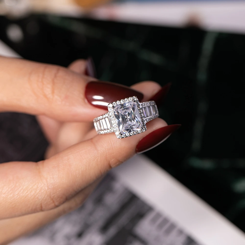 Original 925 Sterling Silver Engagement Wedding Rings for Women Luxury Square T Simulated Diamond Platinum Ring Jewelry 3