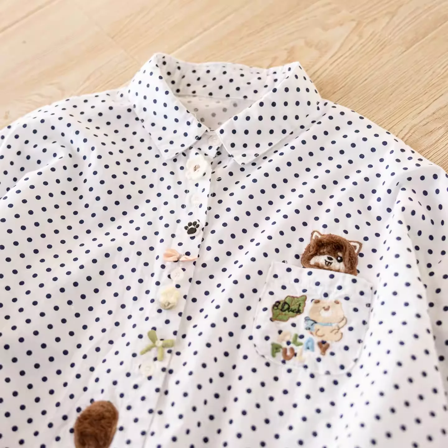 

Bust 116cm 2026 Japanese clothing 100% cotton women shirt vintage cartoon embroider polka dot print shirts long sleeve blouses