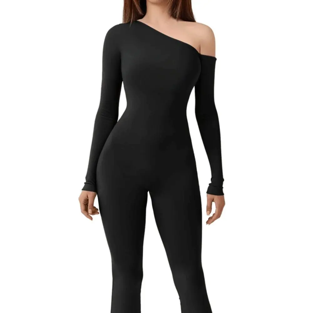 

Women's Long Sleeve One-Shoulder Jumpsuit Autumn Fashion Plain Casual Flared Pants Full Length Elegant Women's Outfit