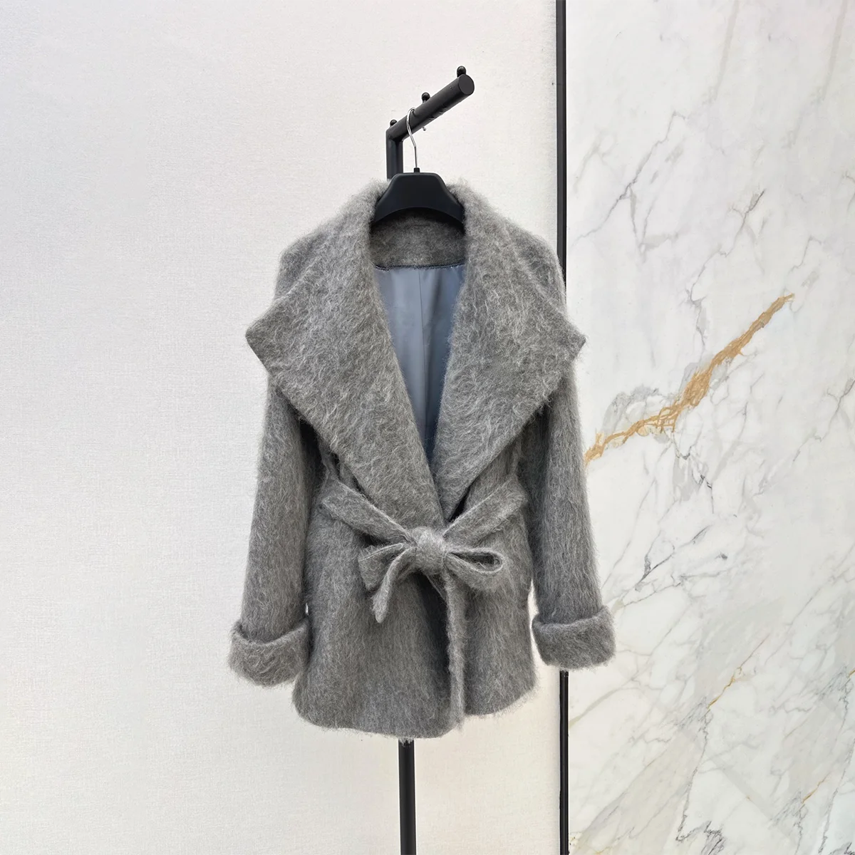 2026 Women Shawl Collar Fluffy Wool Blend Coat, Belted Waist Short Overcoat261021123
