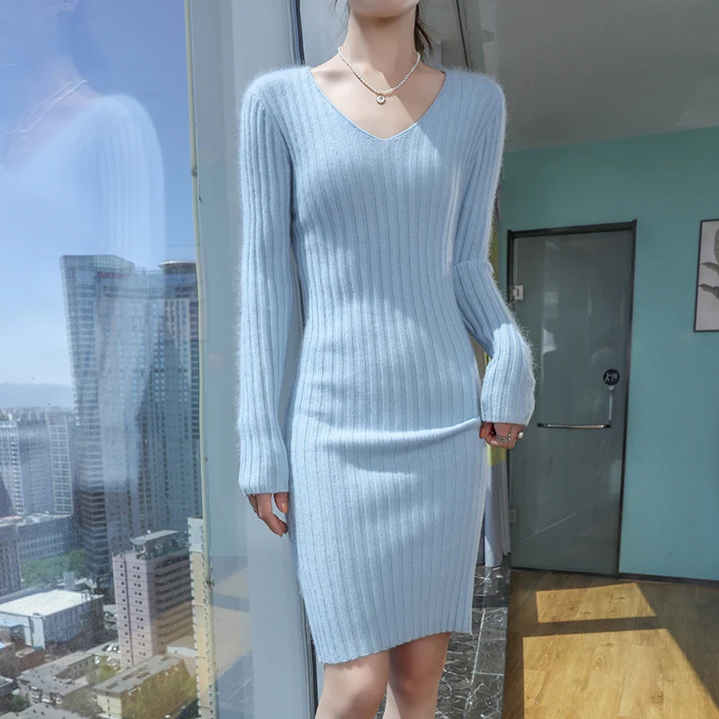 100% mink cashmere autumn and winter new women's V-neck knitted dress fashion all match warm romantic CHIC dress