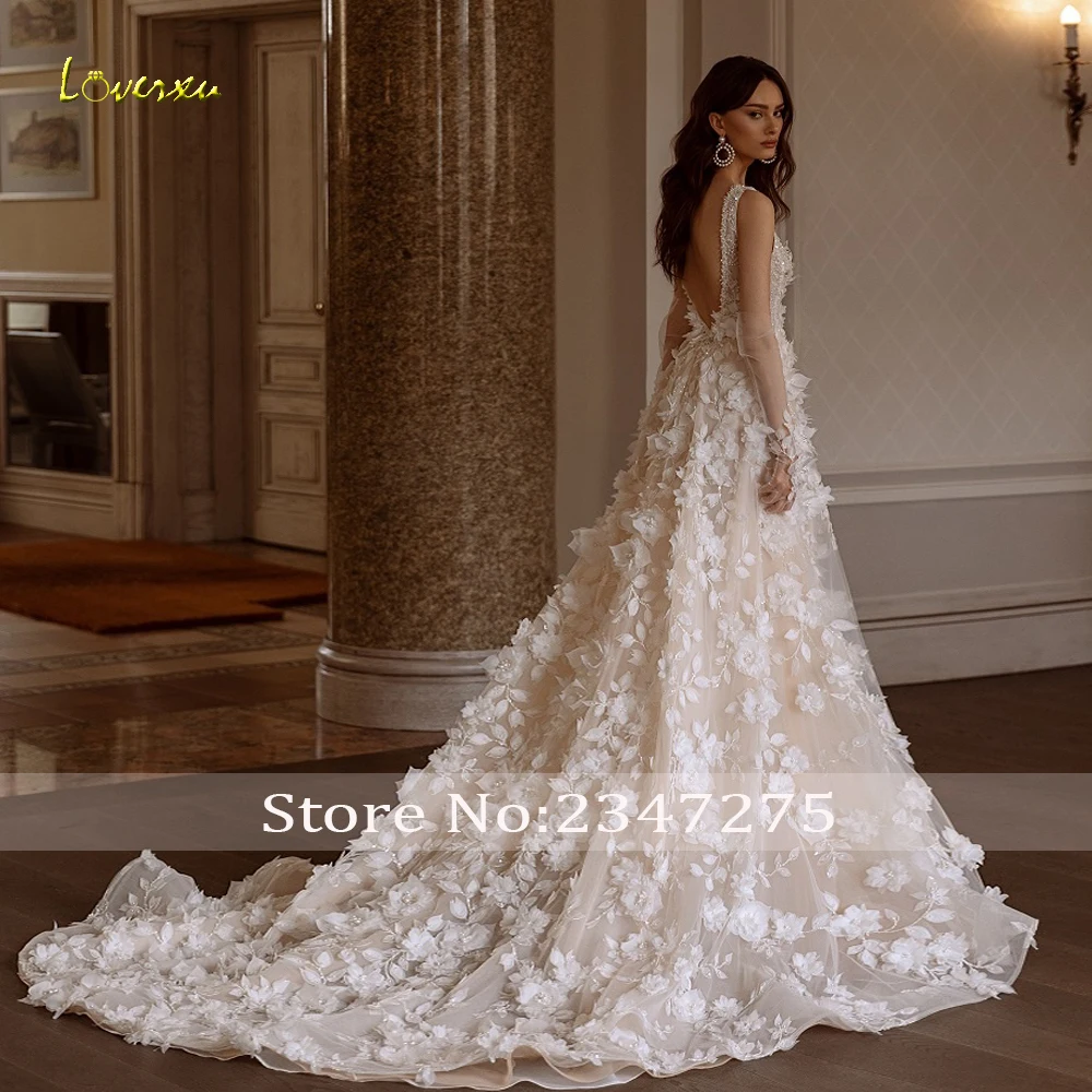 Loverxu A-Line Glamorous Wedding Dresses 2024 V-Neck Sleeveless Vestido De Novia Appliques 3D Flowers Charming Robe De Mariee