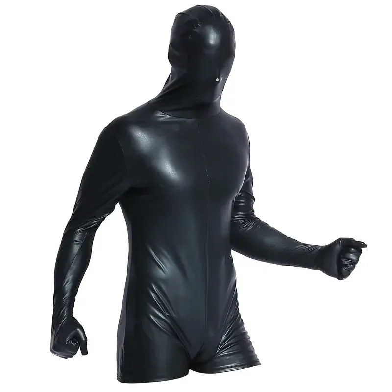 Sexy Men Mask Full Body Shiny BodySuit PU Faux Leather Sexy Tight Catsuit One-piece DS Club Stage Gay Wear