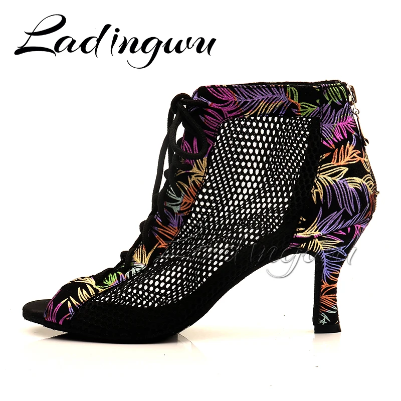 Ladingwu Lacing Suede And Breathable Mesh Boots Soft Bottom Dance Shoes Zipper Women's sandals Latin Salsa Dance Shoes Low-heele