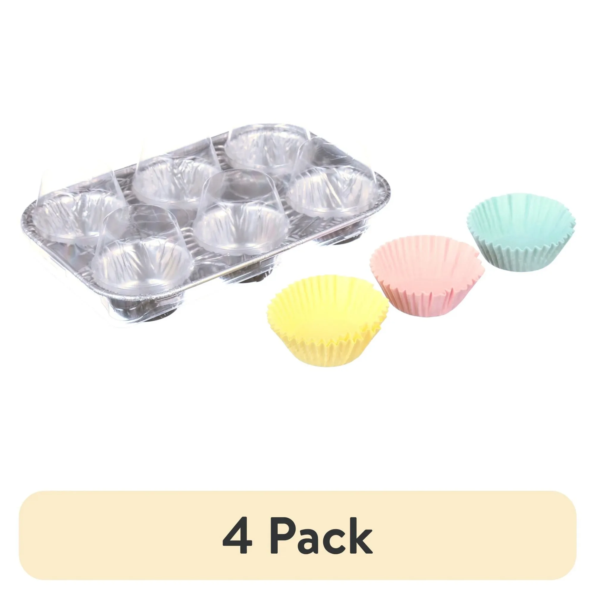 

(4 pack) Aluminum Muffin Pans with Lids and 24 Bake Cups, 9.6" L x 6.3" W x 1.3" D, Disposable