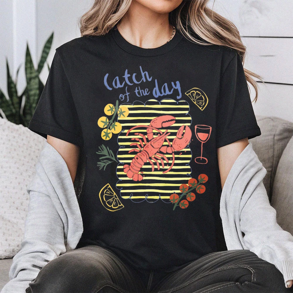 Catch of The Day Lobster and Wine T-Shirt Fashion Summer Beach Clothing Vacation Women Casual Shirt Daily Life Cotton Tops
