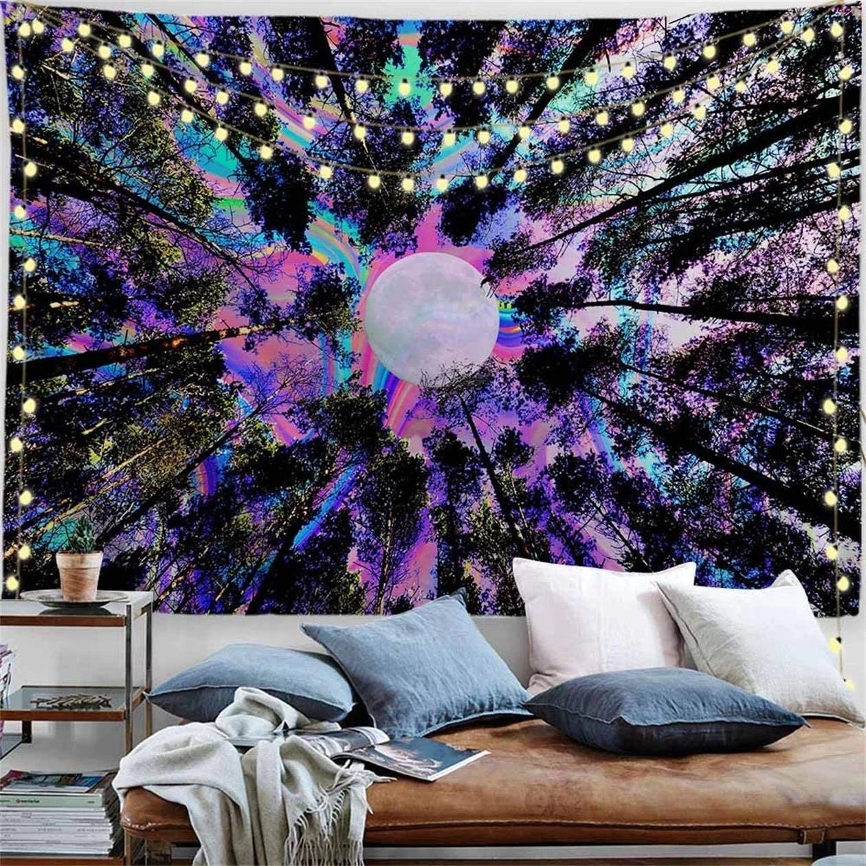 Procida Psychedelic Tapestry Psychedelic Art Color Forest Tree Moon Tapestry Black Light Purple Ceiling Aesthetic Tapestry