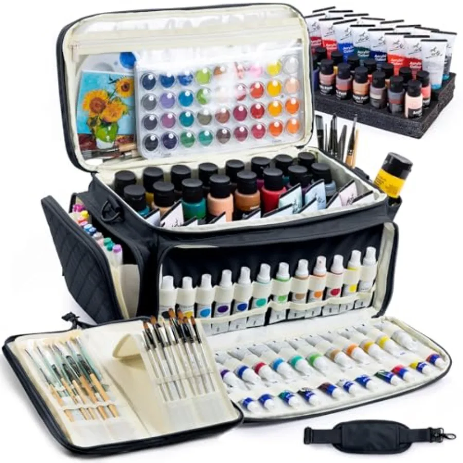

Quilted Acrylic Paint Organizer Bag with 13" Brush Holder Case Art Supply Storage Bag with Foam Inserts for Bottles and Tubes L