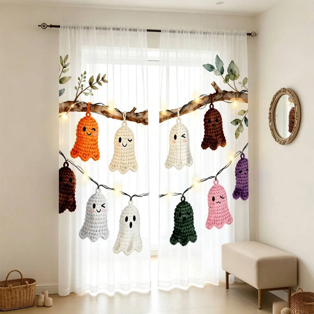 2PCS Digital Print Sheer Curtain, Glowing Ghost Spirit, Halloween Spooky Magic - Voile Drapes for Bedroom Living Room Decor