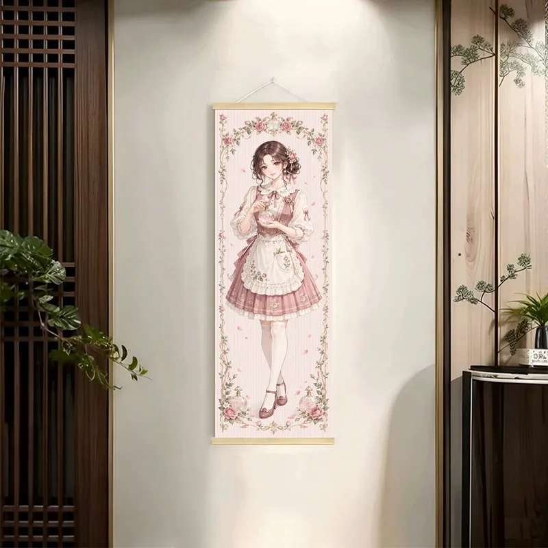 Anime Girls in Pastel Ruffled Dresses Hanging Scroll with Delicate Floral Borders and Gentle Colors for a Reading Nook