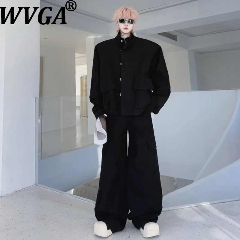 

WVGA весна осень новые мужские карманы с подкладкой на плечах модная куртка нишевые шикарные повседневные широкие длинные брюки комплект из двух предметов Ins W15294
