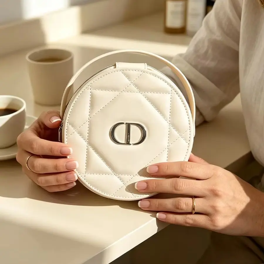 Christian Dior Dior’s Bag Luxury Apricot Round Handheld Makeup Organizer Pouch With Zipper & Built-in Mirror Portable Travel Cos - view 5