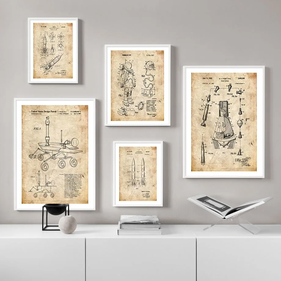Retro Astronaut Spacecraft Rocket Anatomy Blueprint Nordic Posters Wall Art Print Canvas Painting Pictures For Living Room Decor