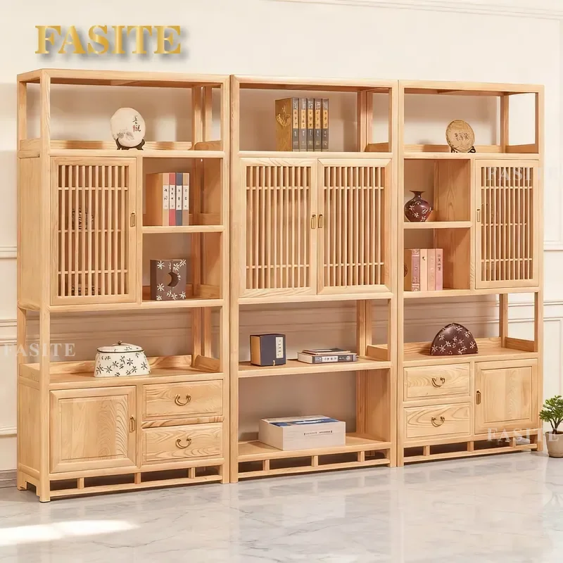 For New Chinese Style Solid Wood Bookcase Glass Door Storage Rack Office File Cabinet Display Shelf Bogu Rack Wine Cabinet