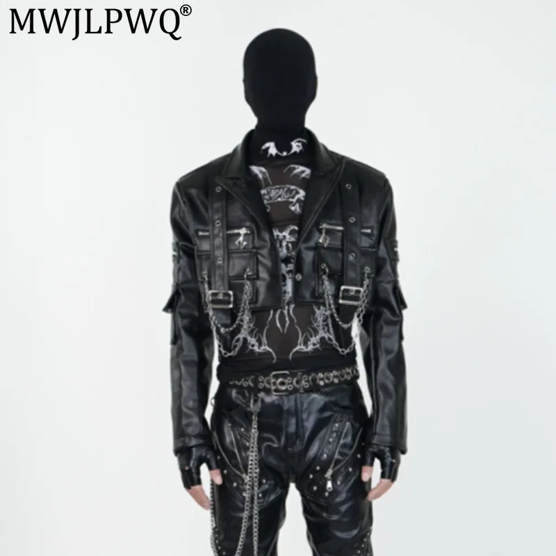 MWJLPWQ Dark Short PU Leather Jacket Men's Shoulder Pads Punk Loose Stage Performance Unisex Vest 2026 Spring Autumn New 20659