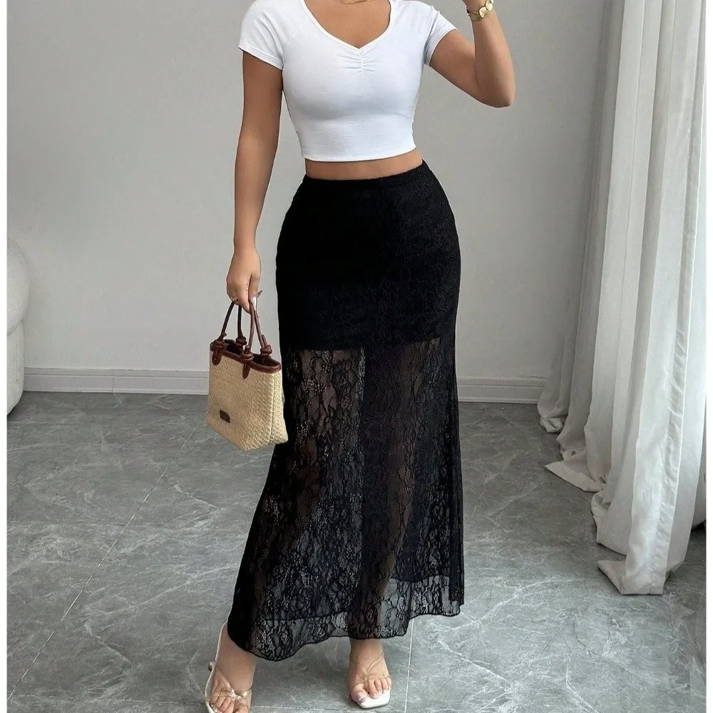 Midi Length Lace Skirt Slim Fit Elegant High Waist Half Dress Transparent Patchwork Fishtail Skirts Evening Party
