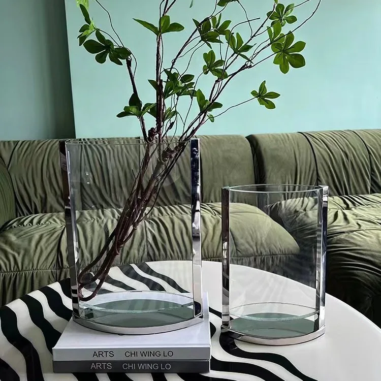 Modern simple metal hemming glass flower ware dining room vase model room living room entrance light luxury