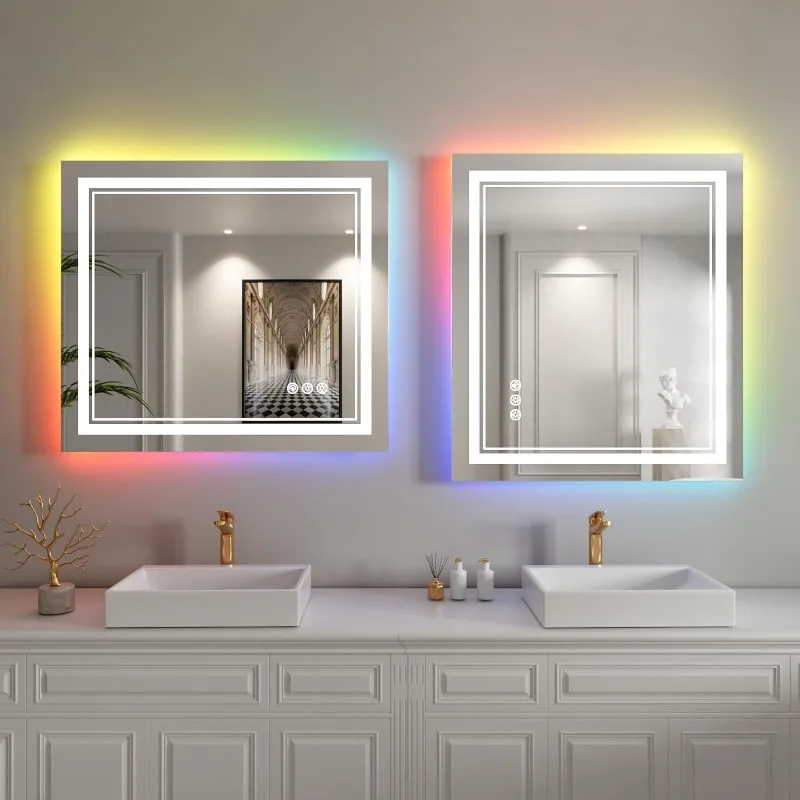 LED Bathroom Mirror with RGB Lights Color Changing Backlit Mirror Shatterproof Dimmable Anti-Fog Lighted Vanity Mirror