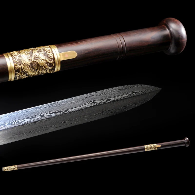 Medieval Chinese Tang Sword Folded Steel Damascus Blade Sharp Real Ebony Wood Scabbard Walking Stick Dragon Swords Kongfu Katana