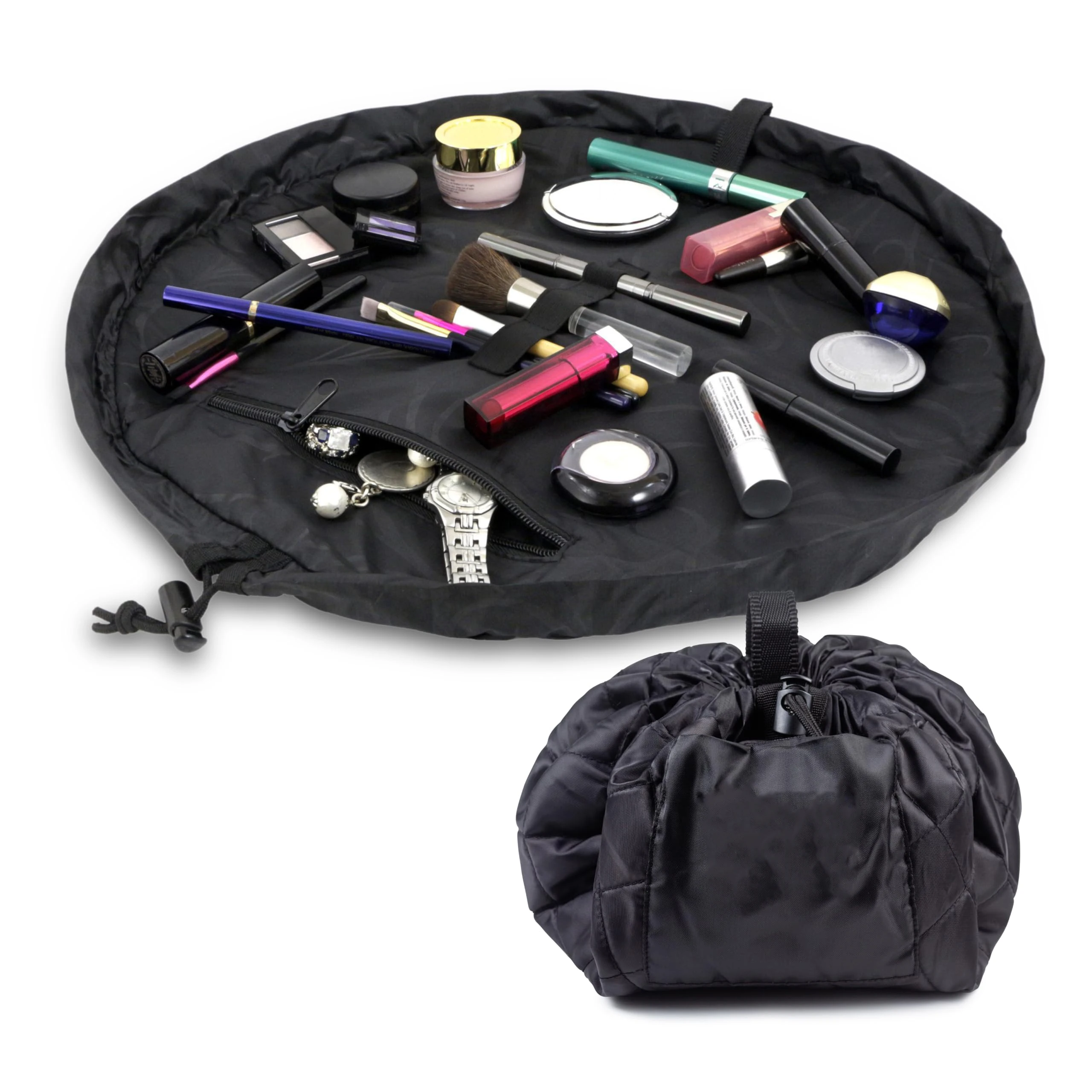 

Drawstring Cosmetic & Makeup Bag Organizer - Portable Drawstring Makeup Bag w/Zipper Pocket, Makeup Loops & More - Durable