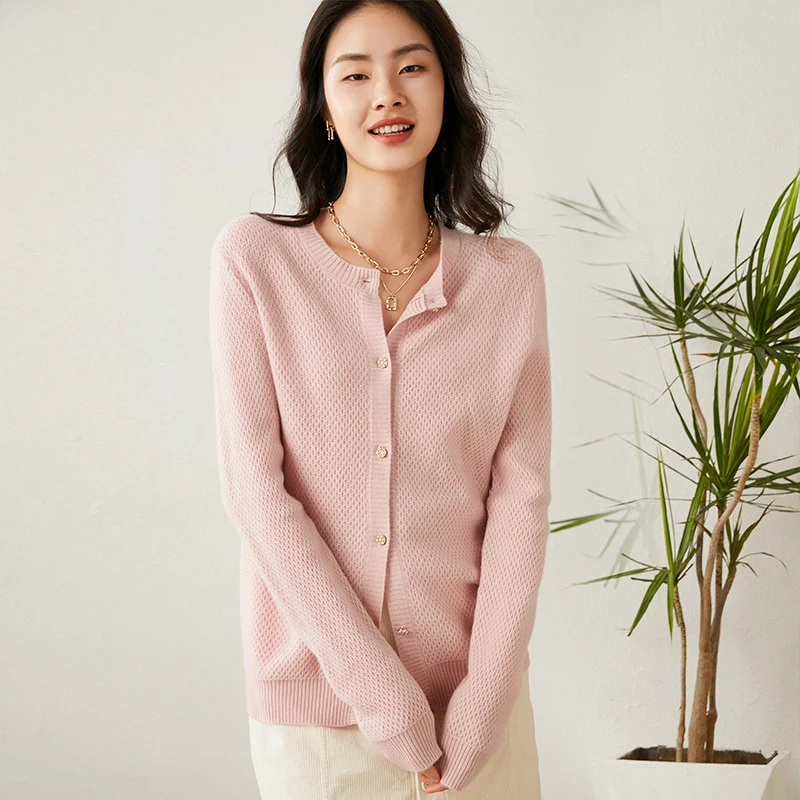 

New Spring Autumn Women's O-neck Cardigan Pure Color Grace Soft Sweater 100% Merino Wool Knitwear Korean Style Loose Basic Cloth