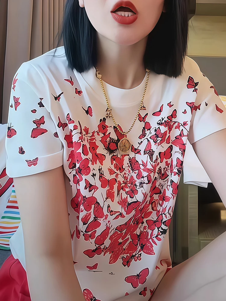 2025年女性向け新作春夏アメリカンスタイル蝶プリント半袖Tシャツゆったりレトロ万能高級トップス