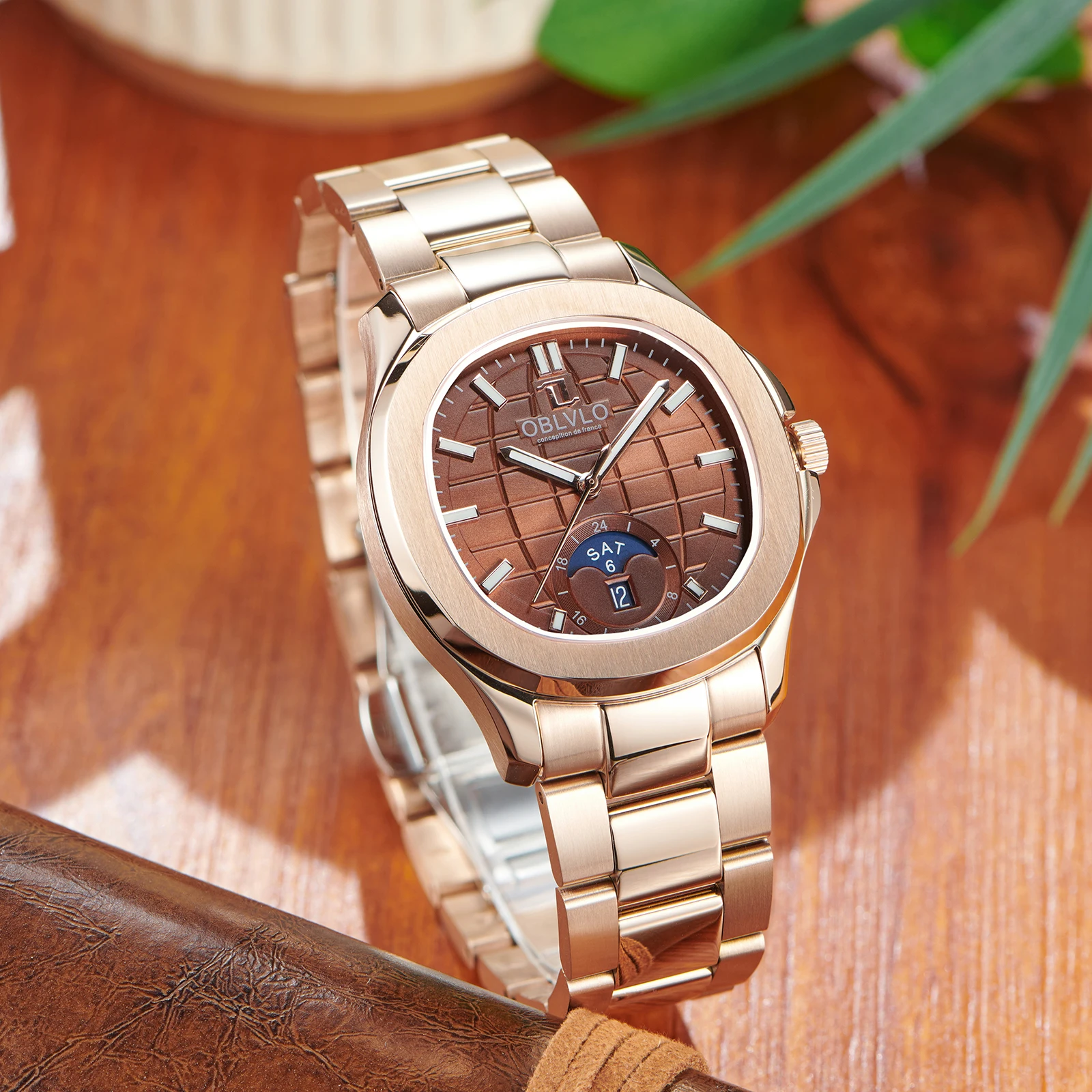 OBLVLO تريند روز الذهب البني الهاتفي Moonphase الميكانيكية ساعات أوتوماتيكية للرجال سوار الصلب مقاوم للماء ساعة رياضية FM-SL-DD