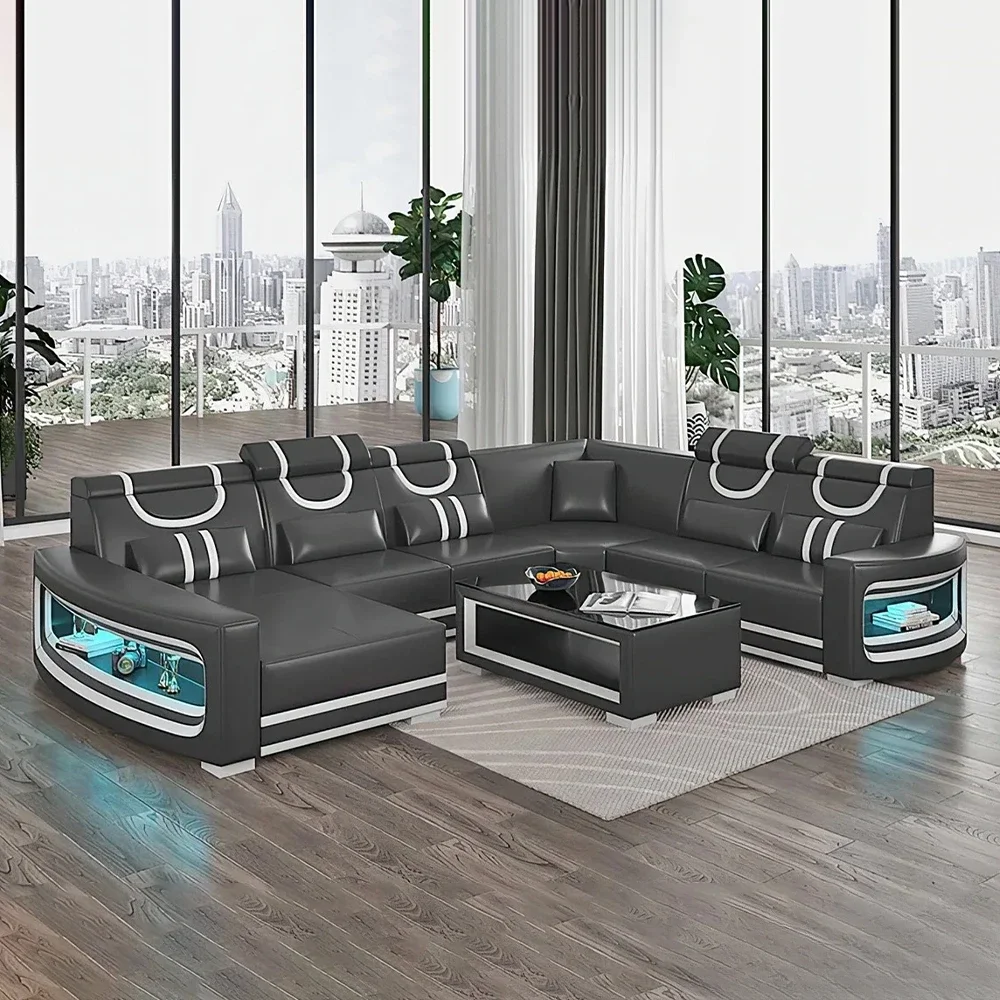 Upgrade Your Living Room with MANBAS Italian Genuine Leather Sofa - 2 Colors Combination, LED Light & Soft Cushions