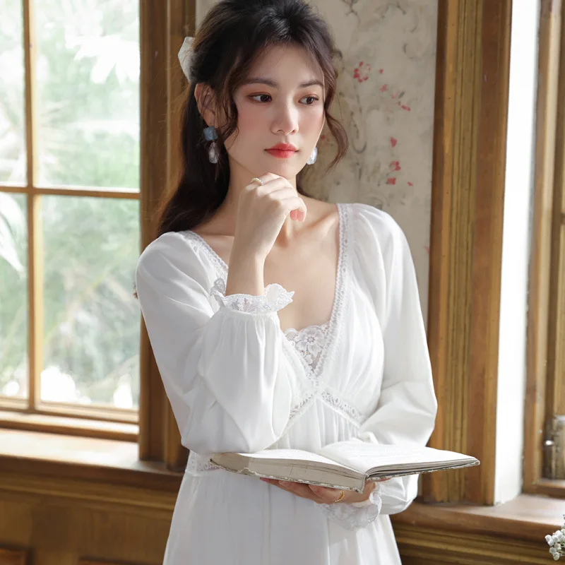 Court Style Elegant Nightdress For Women New Long Sleeve Spring Autumn Dress V Neck Cotton Night Wear Casual Nightgowns