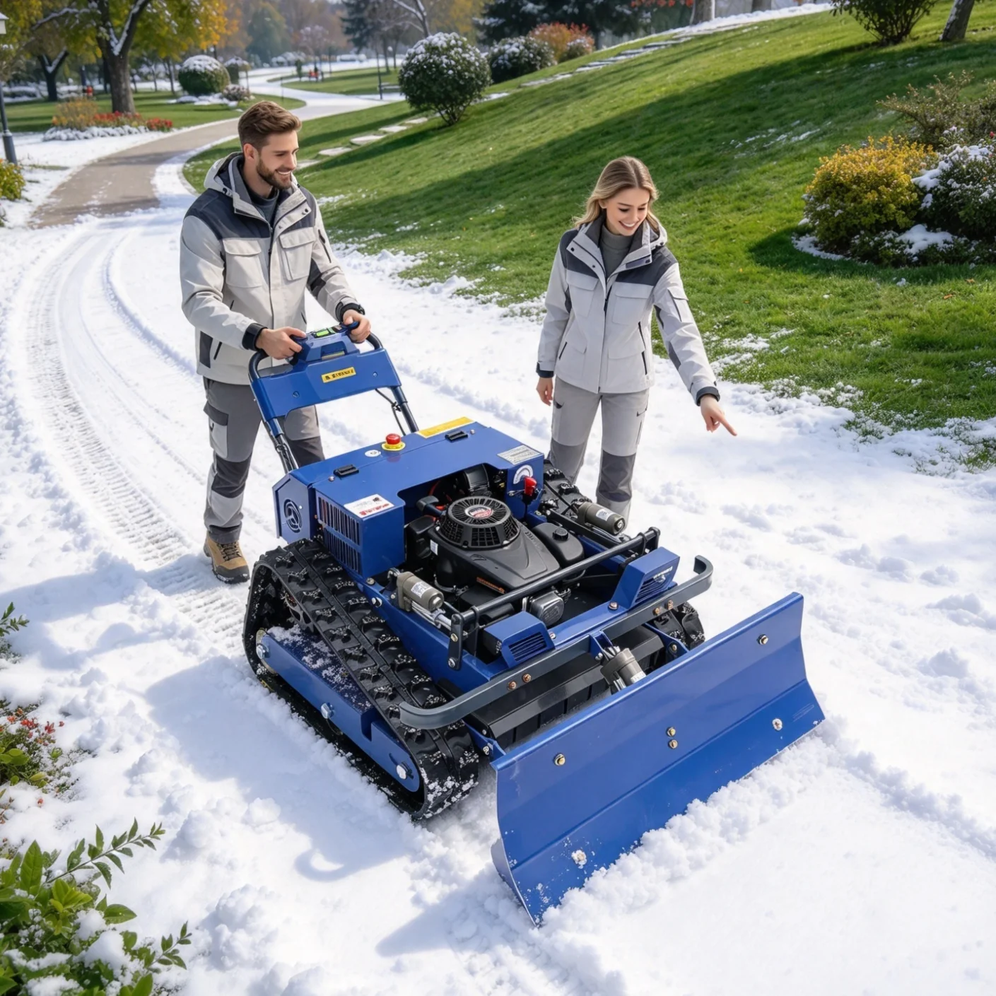 Customized Remote Control Lawn Mower trims wetland park vegetation, cuts low aquatic weeds on gentle shallow bank slopes