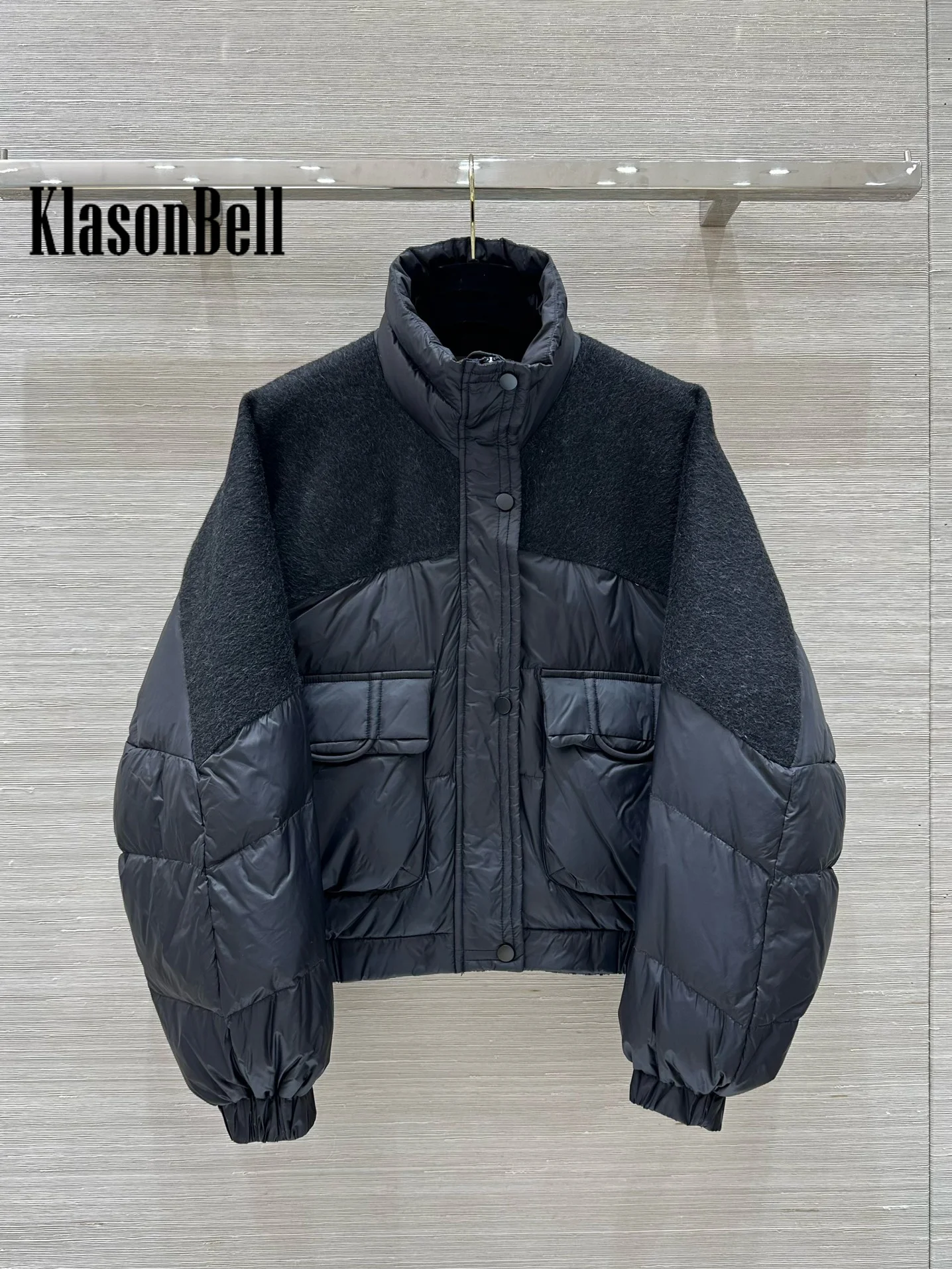 10.8 KlasonBell Women 2024 Autumn Winter New Double-Sided Wool Spliced Short Goose Down Jacket Stand Collar Loose Outerwear