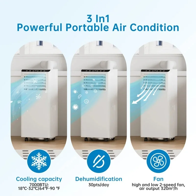 Mobile Air Conditioner 7000/9000 Btu/H, 4-in-1 Air Conditioner, Fan, Dehumidification, Ventilation with Remote Control 24H Timer