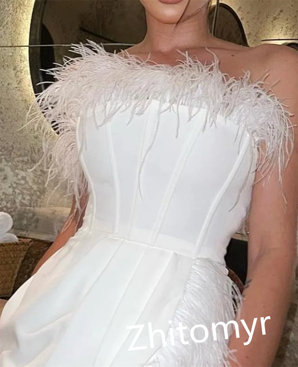 Jiayigong Strapless Feather Prom Gown, Tamanho do joelho Vestidos, Arábia Saudita Bainha, Bespoke Ocasião