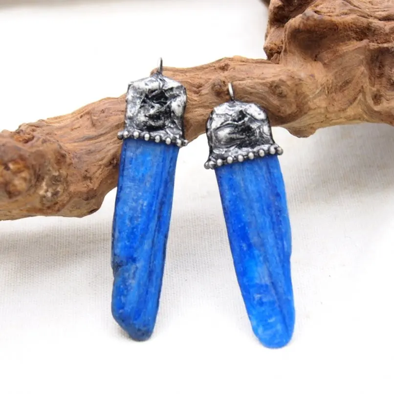 10Pcs Soldered Point Crystal Pillar Free Form Pendant Kyanite Antique Silver Plated Handmade Vintage Approx 65mm Jewelry