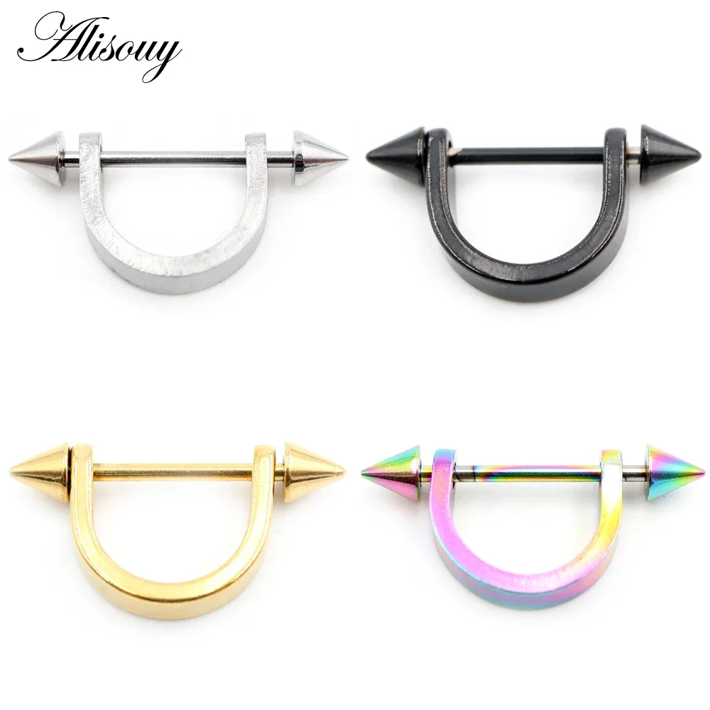 Alisouy 2PC Stainless Steel Women Girl Spike Cone Rivet Semicircle Nipple Rings Shield Ear Earrings Piercing Body Jewelry