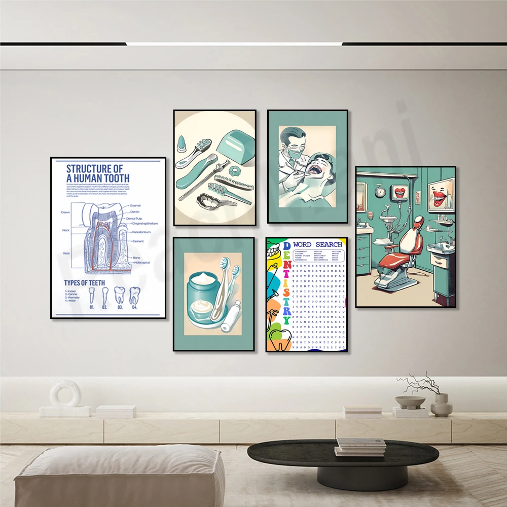 Dental anatomy art of tooth structure, printable word search dental art, dental tools, dental office decoration poster gift