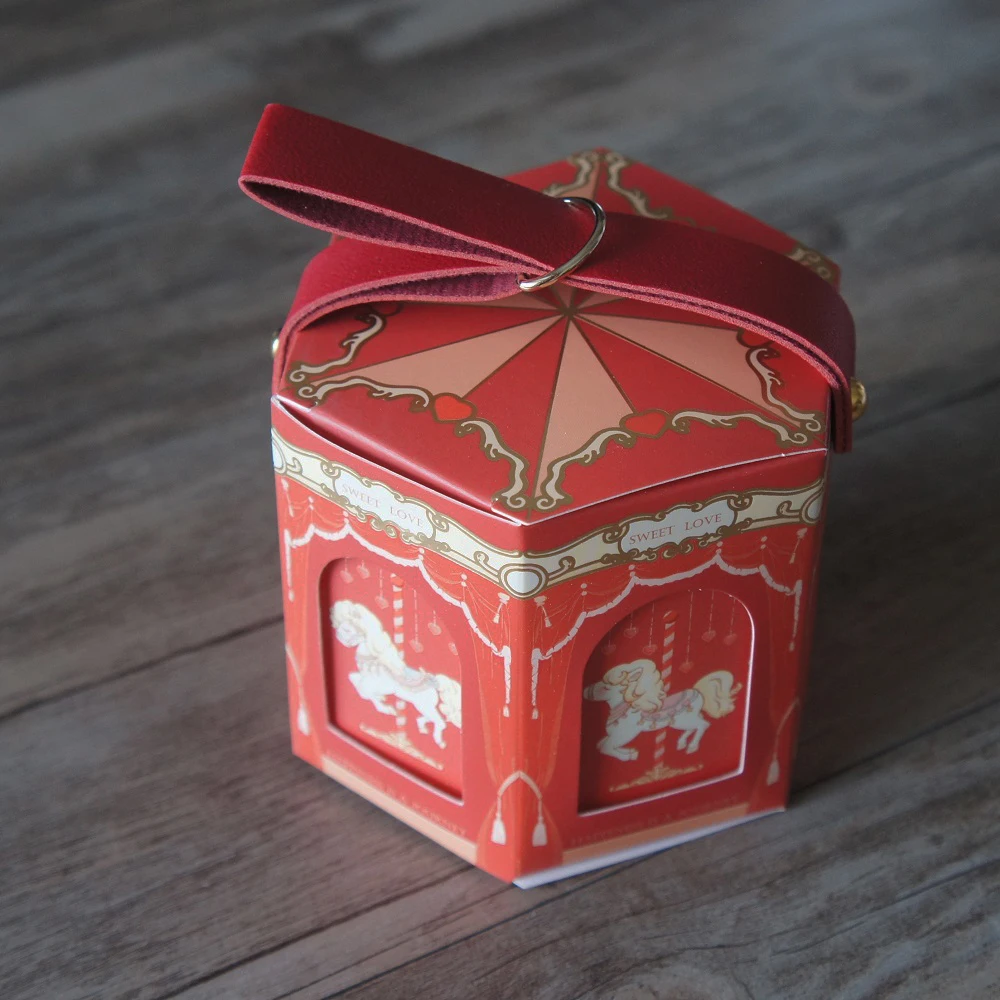 Caja de papel con diseño de carrusel, 12 piezas, azul, rosa, amarillo, con asa, para dulces de Chocolate, decoración de fiesta, boda, cumpleaños,