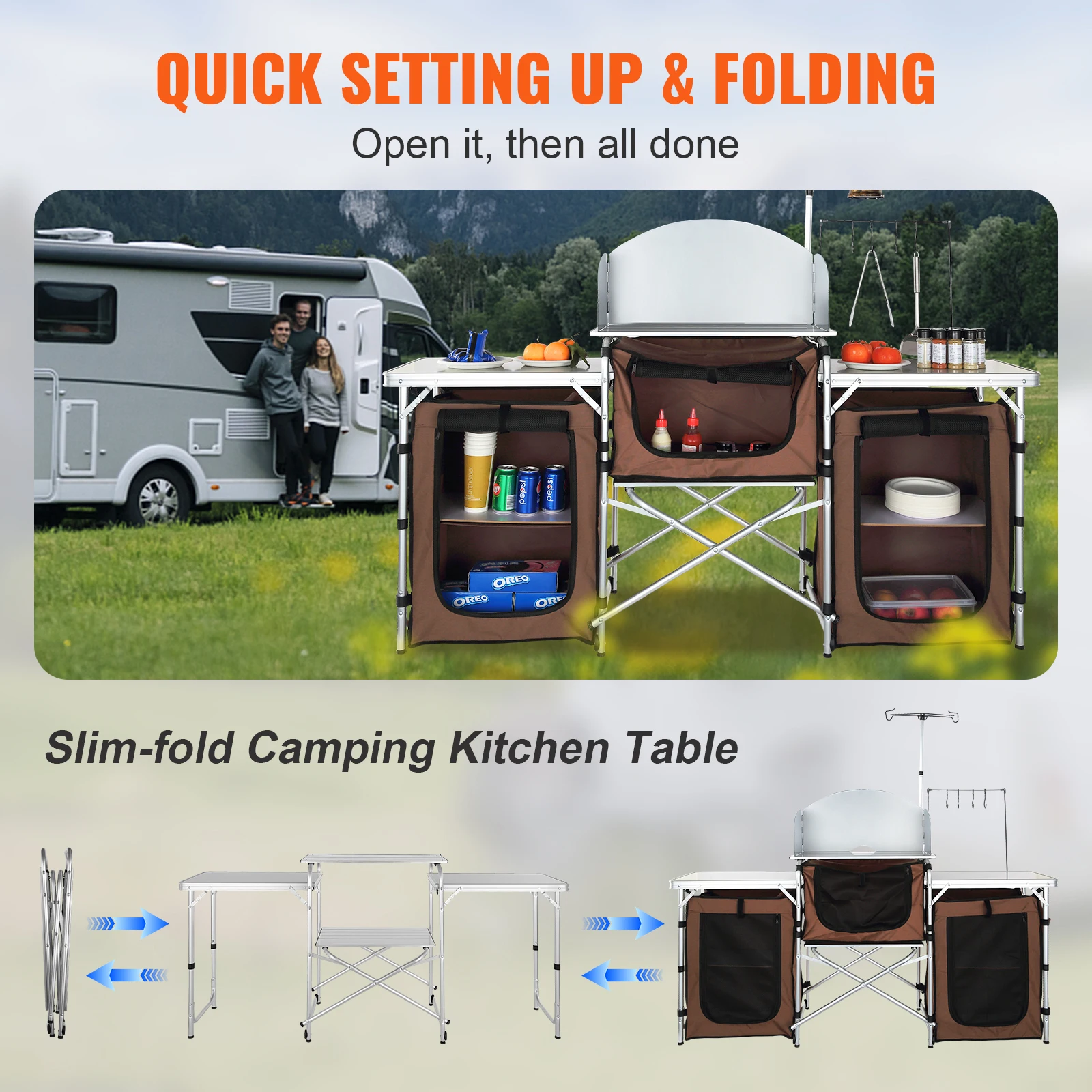 VEVOR Camping Outdoor Kitchen Table Cabinet Foldable Folding Cooking Storage Rack X-Shaped Aluminum Alloy Bracket for BBQ Picnic