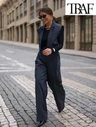 TRAF estate donna pantaloni larghi a righe abiti orlo grezzo senza maniche scollo a V profondo Blazer gilet femminile Crop Top set